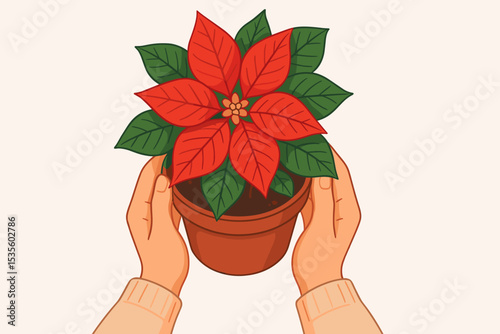 Festive poinsettia in pot held by hands, holiday gift giving, Christmas flower, red and green leaves, botanical illustration, warm gesture, seasonal home decor, winter celebration vector