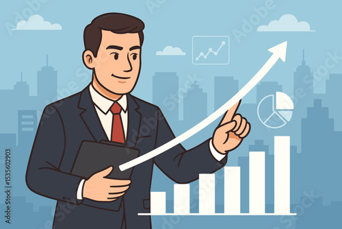Businessman in Suit Presenting Growth Strategy with Rising Graph, Bar Chart, Pie Chart, Urban City Background, Financial Success, Economic Progress, Corporate Presentation, Data Analysis Concept
