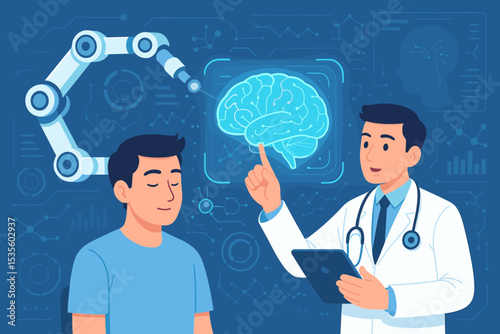 Futuristic Brain Diagnosis Concept with Artificial Intelligence, Robotic Arm, Neurology Doctor, Patient Consultation, Digital Brain Scan, Healthcare Technology, Medical Innovation