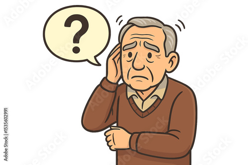 Elderly Confused Man with Memory Loss, Dementia Symptoms Illustration. Senior Citizen Holding Head, Question Mark Speech Bubble, Cognitive Impairment, Mental Health Aging Concept, Vector Art