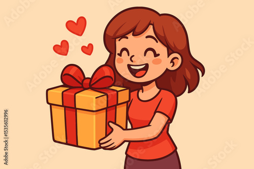 Happy girl cartoon character holding wrapped gift box with red ribbon and hearts. Joyful surprise, giving present, celebration, birthday, holiday, love, festive cheerful moment illustration