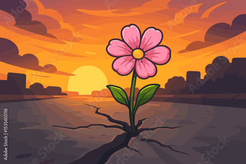 Resilience Concept Pink Flower Growing Through Cracked Asphalt at Sunset, Urban Survival, Hope and Renewal, Strength in Adversity, Nature Overcoming City, Inspirational Metaphor Illustration