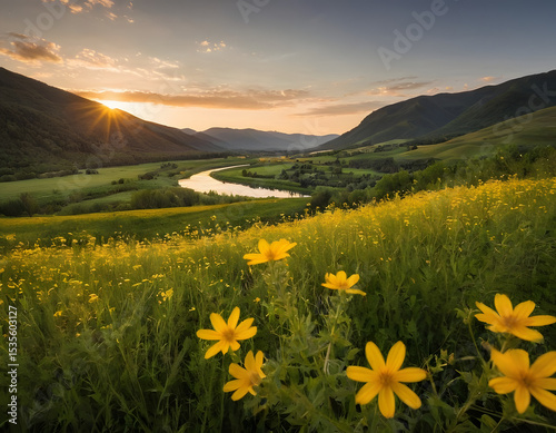 Fototapeta Naklejka Na Ścianę i Meble -  Gorgeous sunset over a river with beautiful yellow wildflowers in a meadow and green mountains in the background. spring landscape with flowers