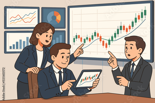 Business team analyzing financial market data and stock charts. Corporate discussion with tablet and large screen. Investment strategy, trading, finance report, analytics, teamwork, success concept