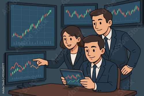 Business team analyzing stock market data on monitors and tablet. Financial professionals discussing trading strategies. Candlestick charts, finance growth, investment success, data analysis concept