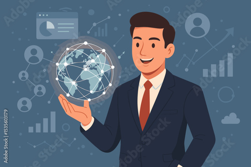 Global Business Leader Holding Connected World Network, Digital Marketing Strategy, International Corporate Success, Data Analytics Growth, Technology Communication Concept Illustration