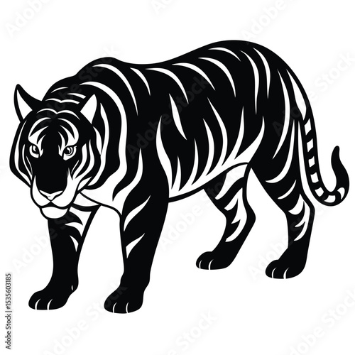 Striking black and white illustration of a powerful tiger in a walking pose