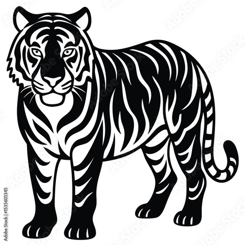 Striking black and white illustration of a powerful tiger standing proudly on white background