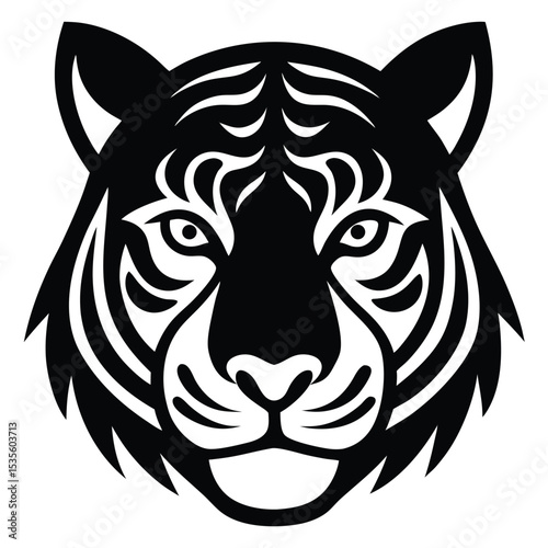 Striking black and white tiger head illustration featuring bold lines and detailed facial features