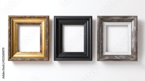Premium photo of three empty picture frames on a white background, top view, in a color scheme of gold, black, and grey.