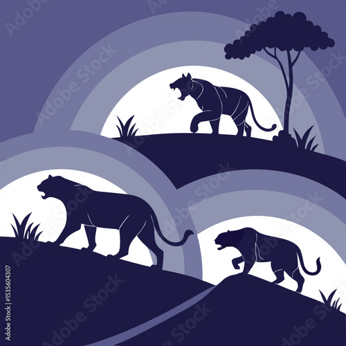 Stylized illustration of tigers roaming through a serene landscape in shades of blue