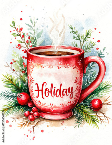 cup of tea, christmas atmosphere. watercolor card.