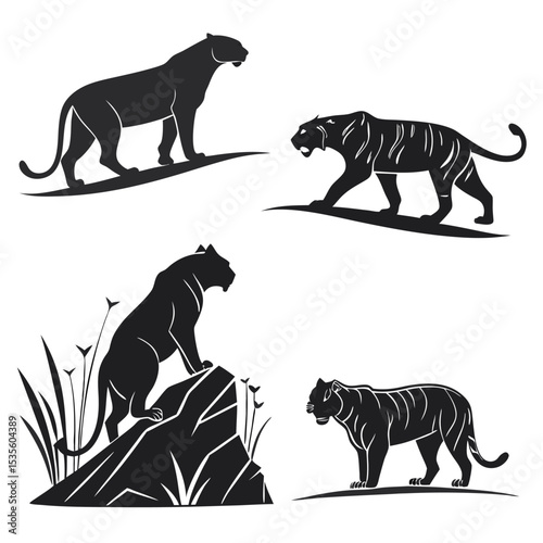 Stylized silhouette illustrations featuring panthers and tigers in various poses and settings