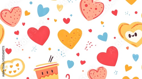 Vibrant Abstract Digital Pattern of Cups, Hearts and Cookies with Bold Bright Hues on a Minimalist White Surface