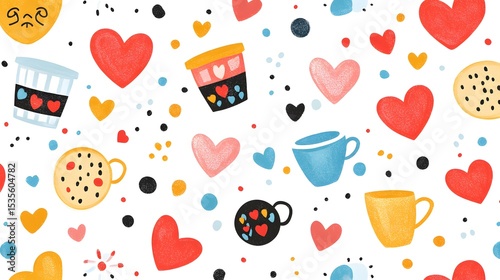 Intricately Detailed Vector Pattern of Cups, Hearts and Cookies in a Lively Repetitive Arrangement on a Pristine White Canvas