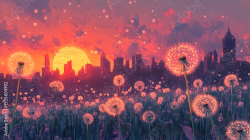 Enchanted Dandelion Fields with Glowing Seed Heads Under a Melting Sunset Over a Soft Urban Skyline