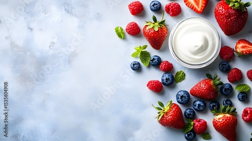 Inviting Overhead Shot of a Healthy Snack Composition with Vibrant Fruits and Creamy Yogurt on a Minimalistic Tabletop