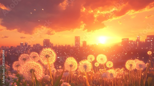 Dreamy Dandelion Field at Sunset with Glowing Seed Heads and a Modern Cityscape in a Pastel Surreal Setting