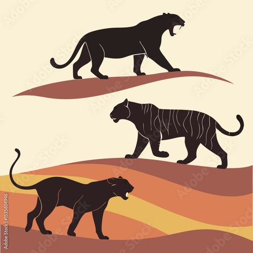 Vector illustration depicting leopards and tigers roaming on earth with artistic background