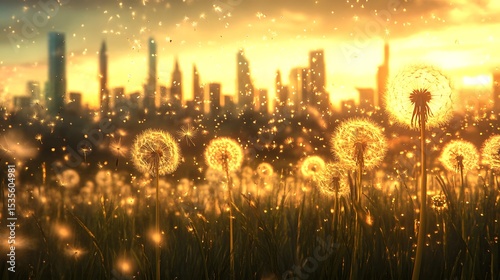 Surreal Golden Dandelion Field at Vibrant Sunset with Exquisitely Glowing Seed Heads and a Futuristic Cityscape