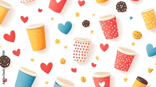 Dynamic Playful Vector Illustration with Repetitive Stylized Cups, Heart Shapes and Cookie Motifs on a Crisp White Backdrop