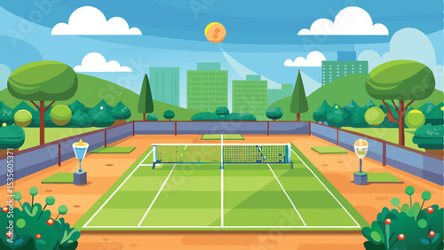 Cartoon Tennis Court with City Skyline, Trees, Bushes, Blue Sky, and Fluffy Clouds