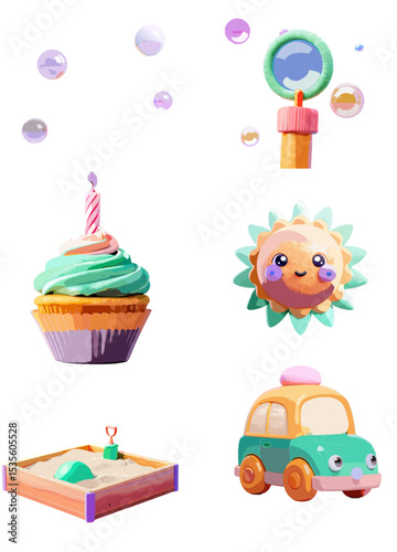 Cute toys and sweets icons on the theme of the first birthday with bright colors
