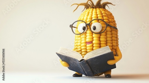 Corn cob character wearing glasses, reading a book
