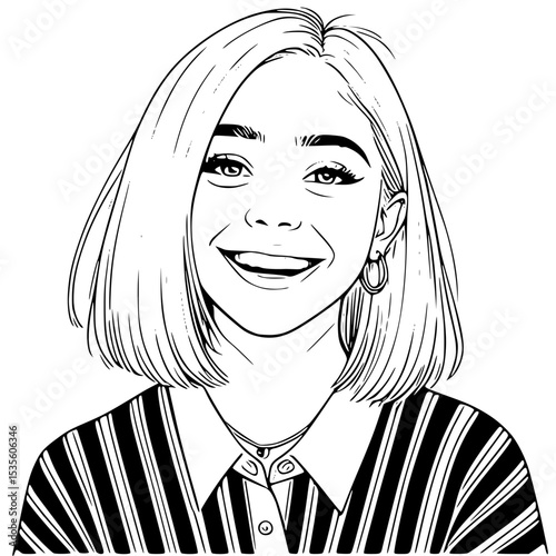 A smiling woman with a bob haircut and striped shirt illustration