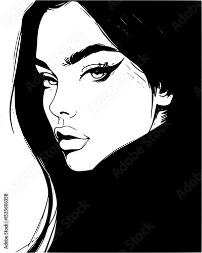 Elegant woman with dark hair and dramatic eyeliner illustration