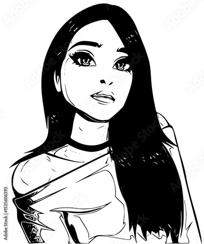 Illustration of a beautiful woman with long black hair and choker