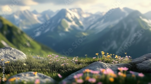  A beautiful mountain landscape featuring a vibrant meadow of wildflowers and rocks in the foreground, with majestic peaks in the distance.