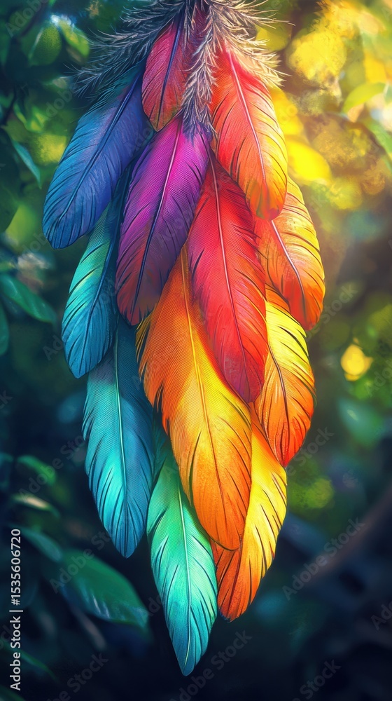 Obraz premium Colorful Feather Hanging Gracefully from Tree Branch
