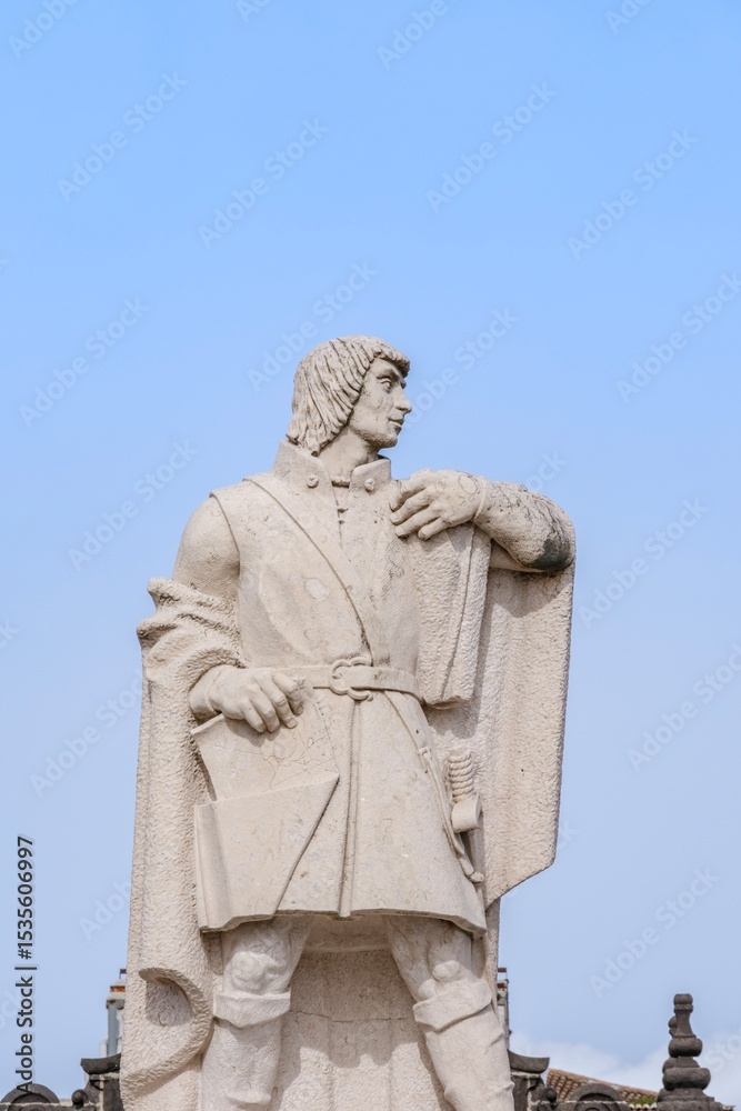 Fototapeta premium Monumental Statue of Goncalo Velho Cabral in Ponta Delgada City Square. Azorean Explorer, Historic Figure, Stone Sculpture, This monument commemorates a key historical figure
