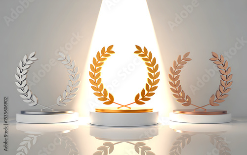 Gold silver bronze laurel wreaths award podium