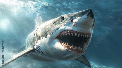 Close-up of a great white shark with open mouth underwater