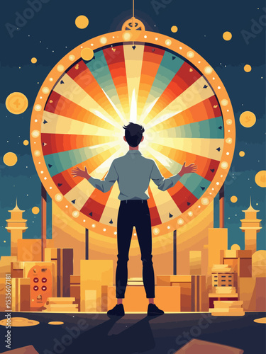  Life depend on luck, fortune wheel randomness, chance and opportunity to get new job, investment winning or gambling conce