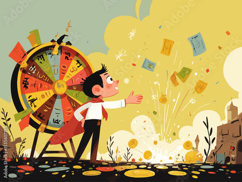  Life depend on luck, fortune wheel randomness, chance and opportunity to get new job, investment winning or gambling conce