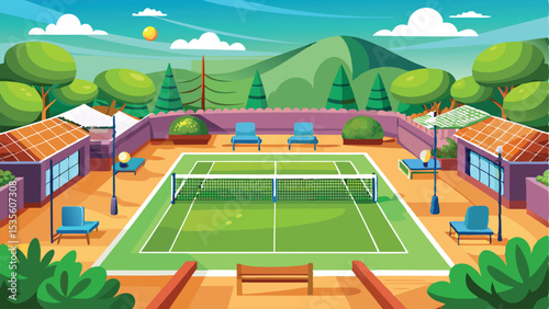 Cartoon Tennis Court on Rooftop With Lush Green Landscape and Mountains in Background