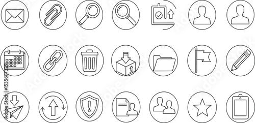 Minimalist Email and Communication Icons Set –  Vector Line Icons for Messaging, File Sharing, User Profiles, and More – Perfect for Web & UI Design