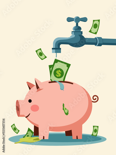  Money leaking, overspending or expense that reducing wealth or saving, fees or debt money loss, bankruptcy or poor