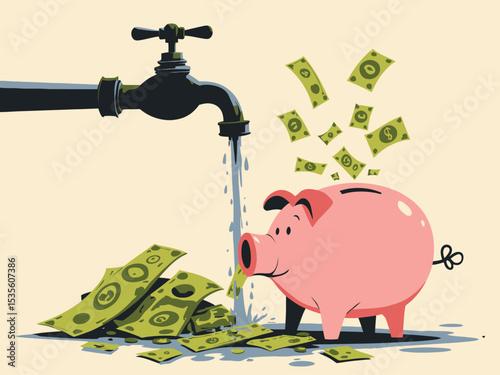  Money leaking, overspending or expense that reducing wealth or saving, fees or debt money loss, bankruptcy or poor