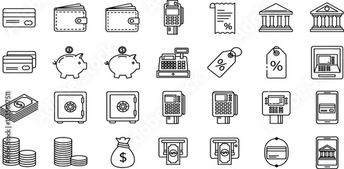 Banking and Finance Vector Icons Wallets, Cards, ATM, Savings, Payment Systems - Line Icons for Financial Apps, E-commerce, and Business Solutions.