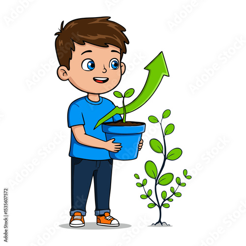 Kid with small plant and growing arrow