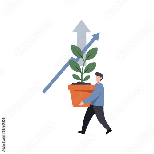 Man carrying potted plant with upward growth line
