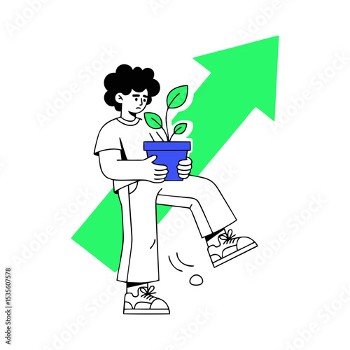 Cartoon character stepping with green growth arrow
