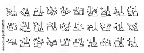 Collection of Cleaning Equipment and Sanitation Line Icons – Hygiene and Housekeeping Tools Set
