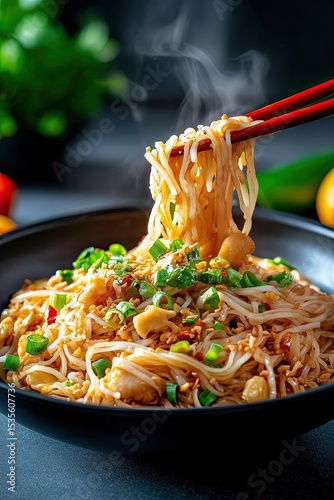 Fried noodles are cooked in a frying pan over high heat. Pad Thai is fried rice noodles.
