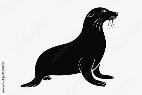 Black silhouette of a sea lion sitting upright on a white background with whiskers