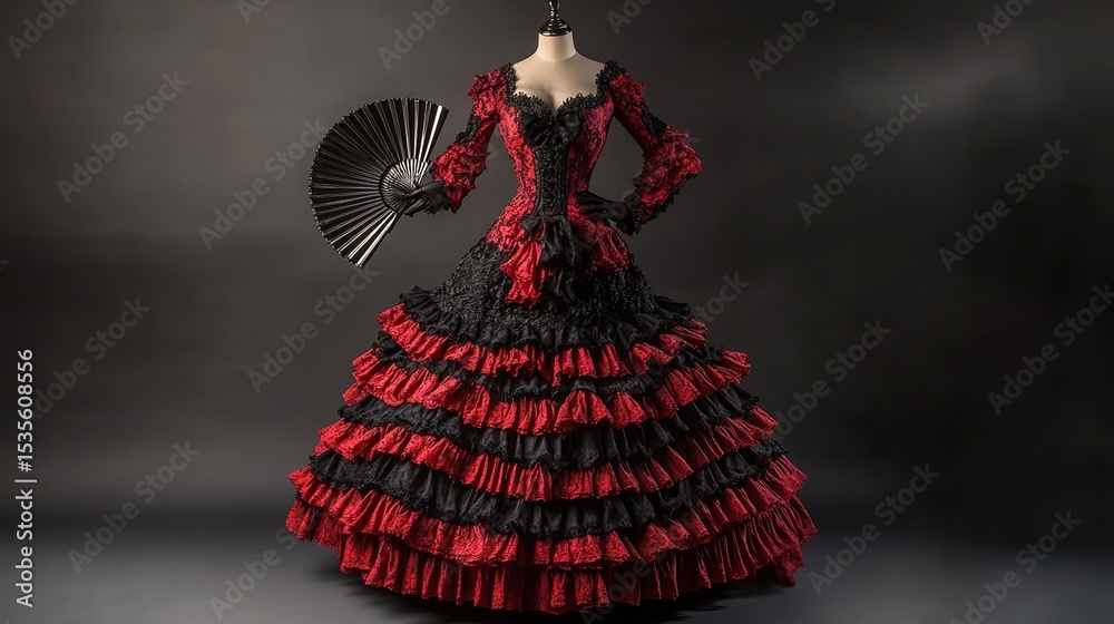 Ornate flamenco dress on mannequin, black/red ruffles, lace, fan on dark background Ornate flamenco dress on mannequin, black/red ruffles, lace, fan on dark background